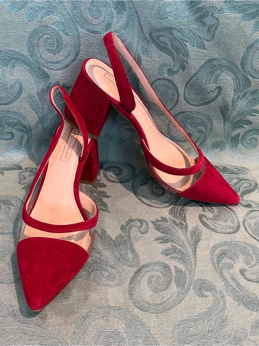 ANTONIO MELANI Red Suede Slingback Block Heel Pumps